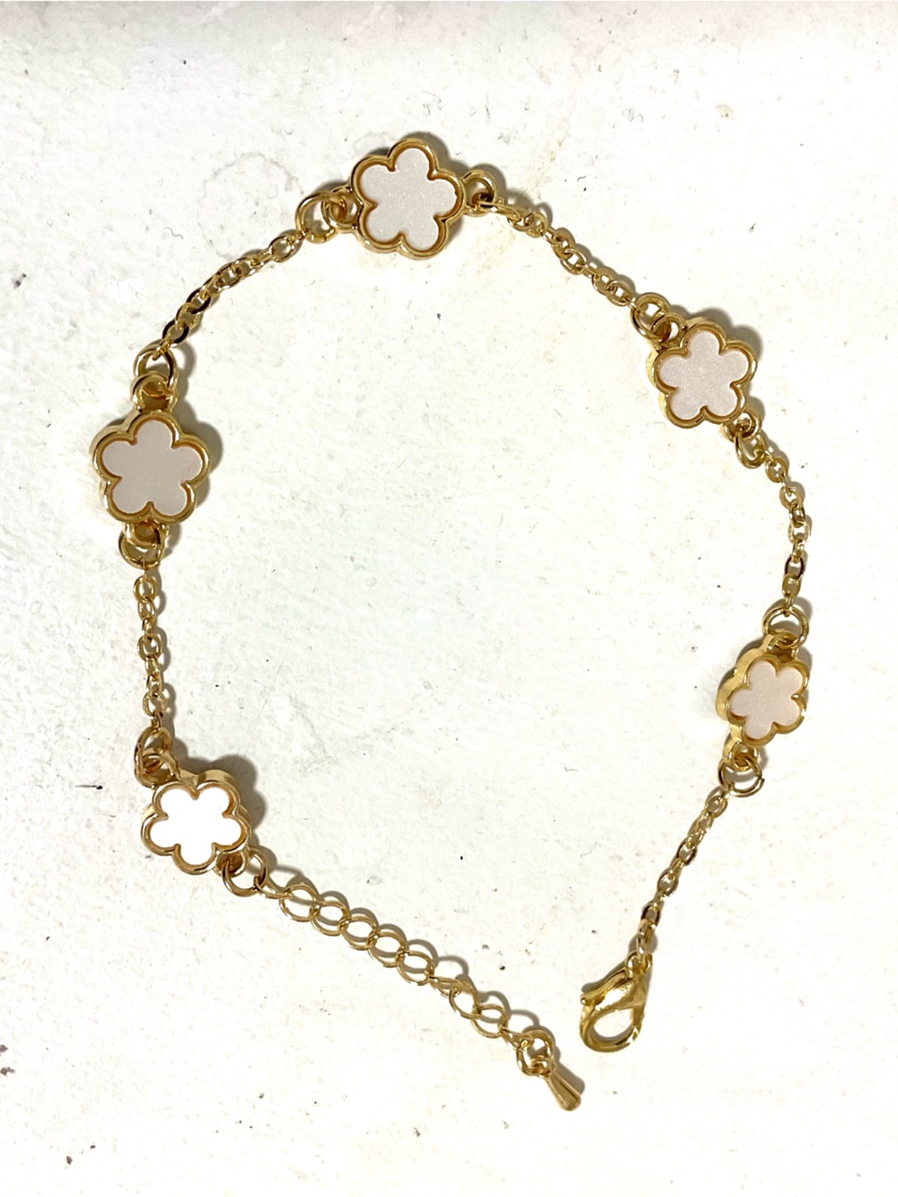 Dainty 5 White Mother-Of-Pearl Clover Bracelet, Gold toned Thin Link Chain